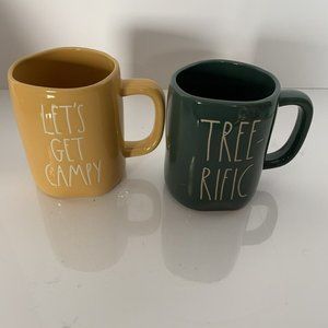 NIB SET OF 2 RAE DUNN MUGS LETS GET CAMPY & TREE-RIFFIC - CAMP TREE LOVER